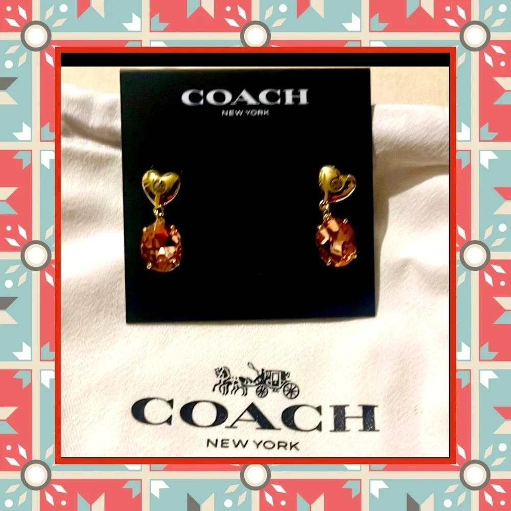 ❤️🆕❤️ Coach Heart Stone Drop Earrings, Red & Gold - Picture 4 of 12